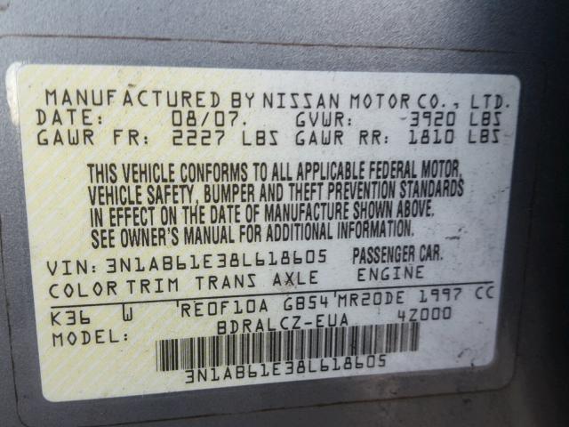 3N1AB61E38L618605 - 2008 NISSAN SENTRA 2.0 SILVER photo 10