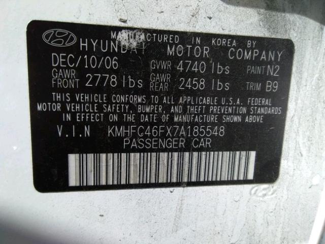 KMHFC46FX7A185548 - 2007 HYUNDAI AZERA SE WHITE photo 10