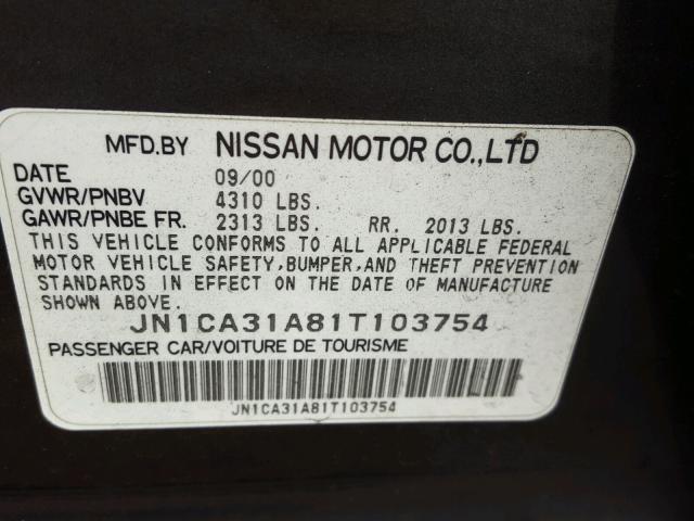 JN1CA31A81T103754 - 2001 NISSAN MAXIMA GXE GRAY photo 10