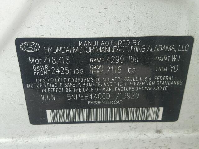 5NPEB4AC6DH713929 - 2013 HYUNDAI SONATA GLS WHITE photo 10