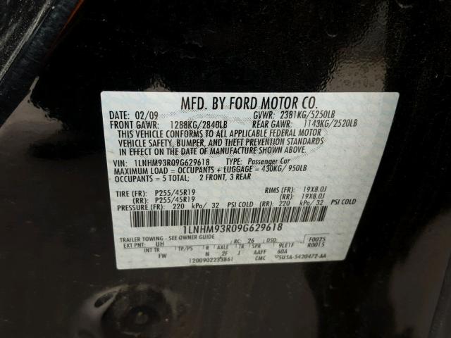 1LNHM93R09G629618 - 2009 LINCOLN MKS CHARCOAL photo 10