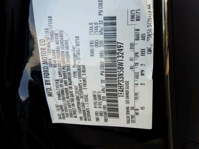 1FAHP33N58W132497 - 2008 FORD FOCUS SE BLACK photo 10