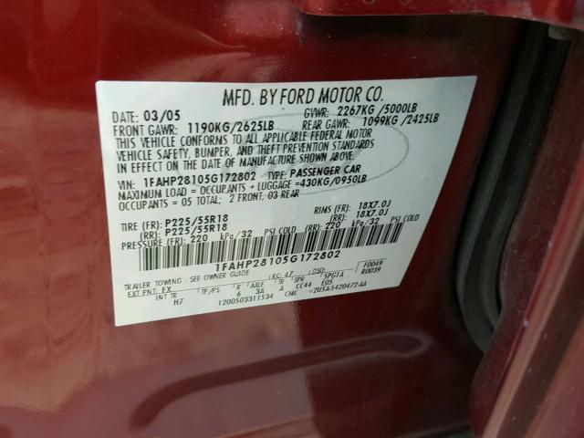 1FAHP28105G172802 - 2005 FORD FIVE HUNDR RED photo 10