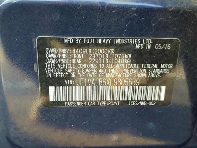 JF1VA1B6XH9805639 - 2017 SUBARU WRX BLUE photo 10