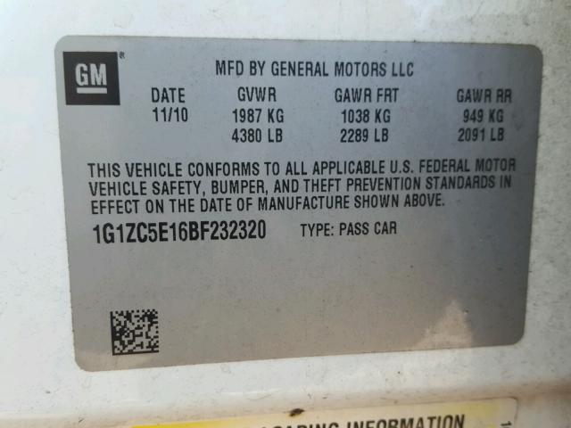 1G1ZC5E16BF232320 - 2011 CHEVROLET MALIBU 1LT 白色 照片 10