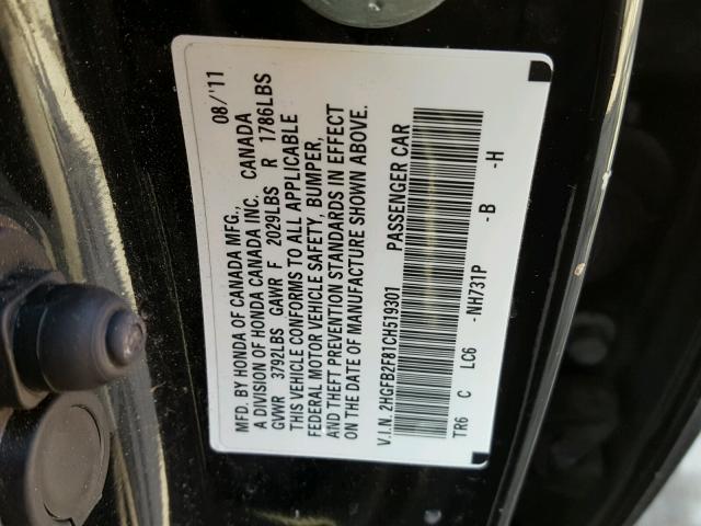 2HGFB2F81CH519301 - 2012 HONDA CIVIC EX BLACK photo 10