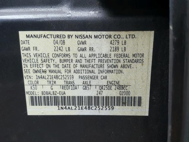 1N4AL21E48C252559 - 2008 NISSAN ALTIMA 2.5 GRAY photo 10