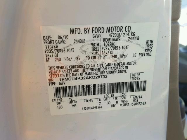 1FMCU4K32AKD28733 - 2010 FORD ESCAPE HYB WHITE photo 10