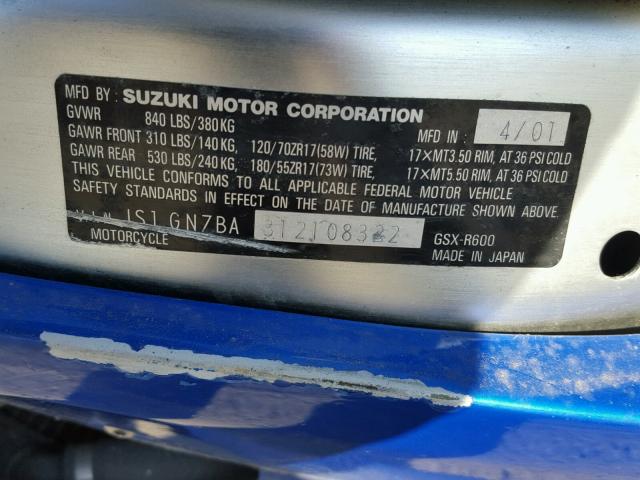 JS1GN7BA312108322 - 2001 SUZUKI GSX-R600 BLUE photo 10