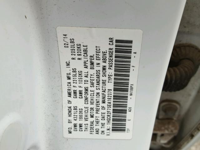 1HGCR2F75EA162079 - 2014 HONDA ACCORD EX WHITE photo 10