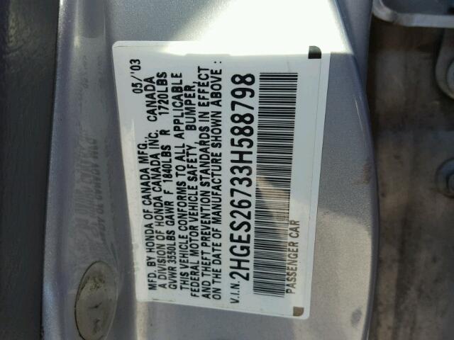 2HGES26733H588798 - 2003 HONDA CIVIC EX SILVER photo 10