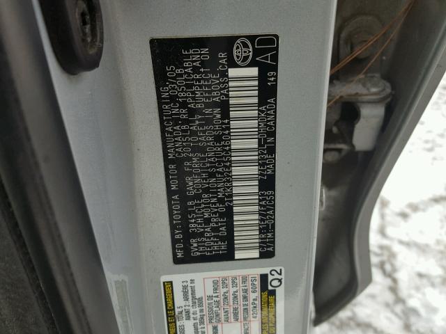 2T1KR32E45C460414 - 2005 TOYOTA COROLLA MA SILVER photo 10