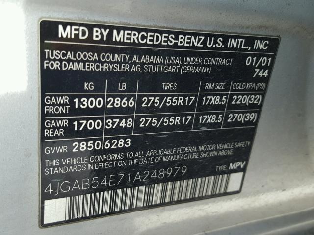 4JGAB54E71A248979 - 2001 MERCEDES-BENZ ML 320 SILVER photo 10