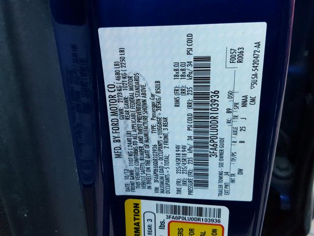 3FA6P0LU0DR103936 - 2013 FORD FUSION SE BLUE photo 10