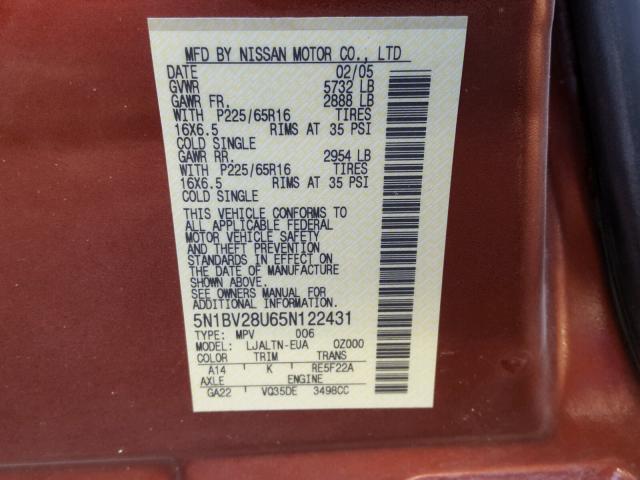 5N1BV28U65N122431 - 2005 NISSAN QUEST S ORANGE photo 10