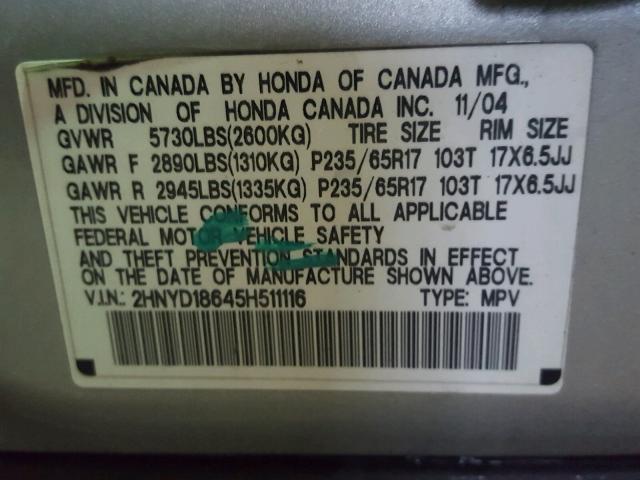 2HNYD18645H511116 - 2005 ACURA MDX TOURIN SILVER photo 10