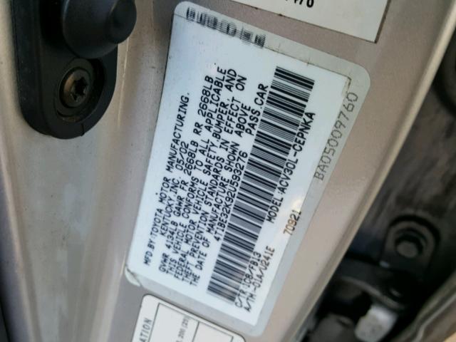 4T1BE32K92U593276 - 2002 TOYOTA CAMRY LE ვერცხლისფერი ფოტო 10