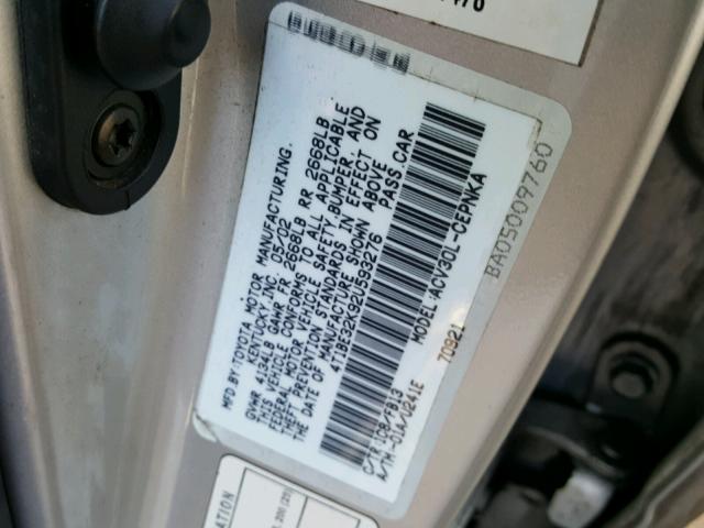 4T1BE32K92U593276 - 2002 TOYOTA CAMRY LE SILVER photo 10