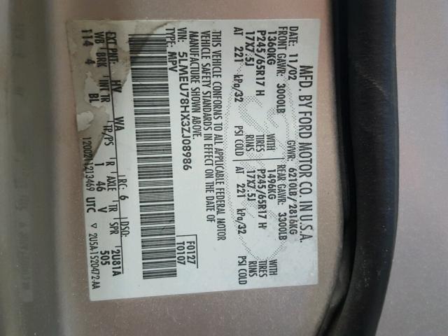 5LMEU78HX3ZJ08986 - 2003 LINCOLN AVIATOR 银色 照片 10