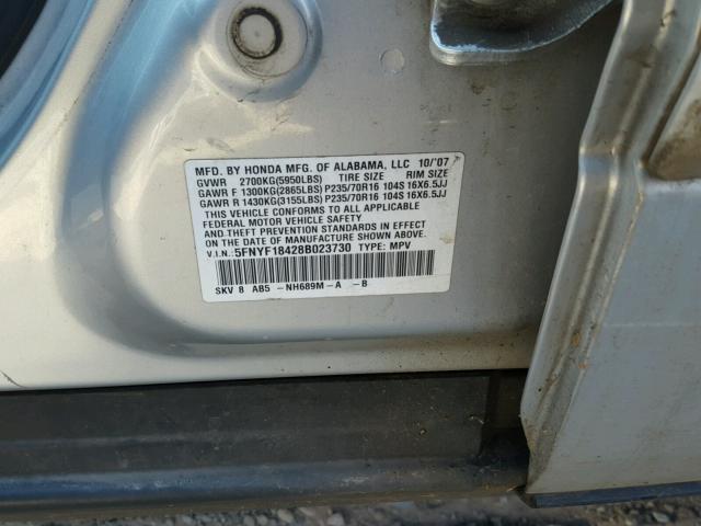 5FNYF18428B023730 - 2008 HONDA PILOT EX SILVER photo 10