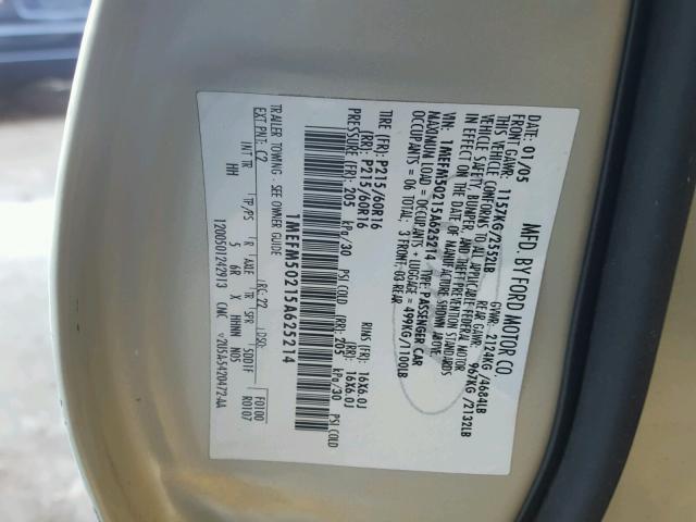 1MEFM50215A625214 - 2005 MERCURY SABLE GS CREAM photo 10