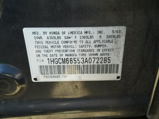 1HGCM66553A072285 - 2003 HONDA ACCORD EX GRAY photo 10