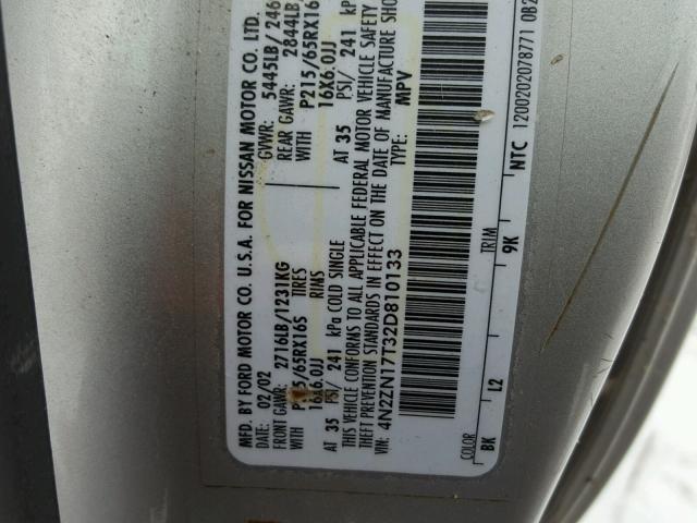 4N2ZN17T32D810133 - 2002 NISSAN QUEST GLE SILVER photo 10