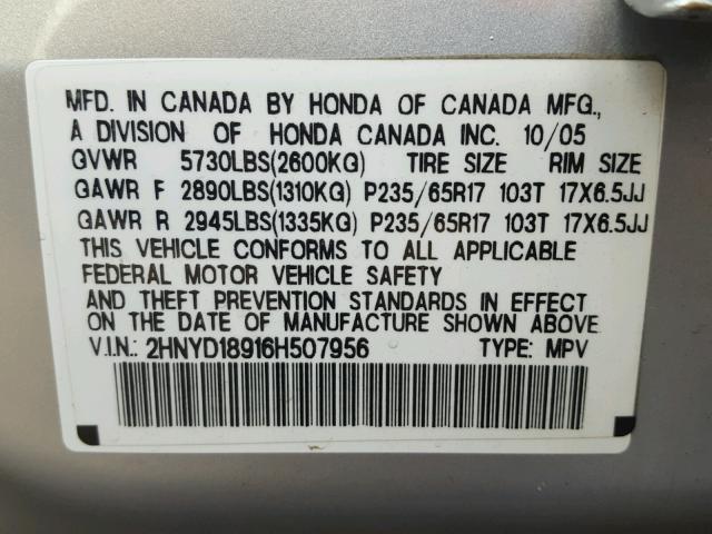 2HNYD18916H507956 - 2006 ACURA MDX TOURIN GRAY photo 10