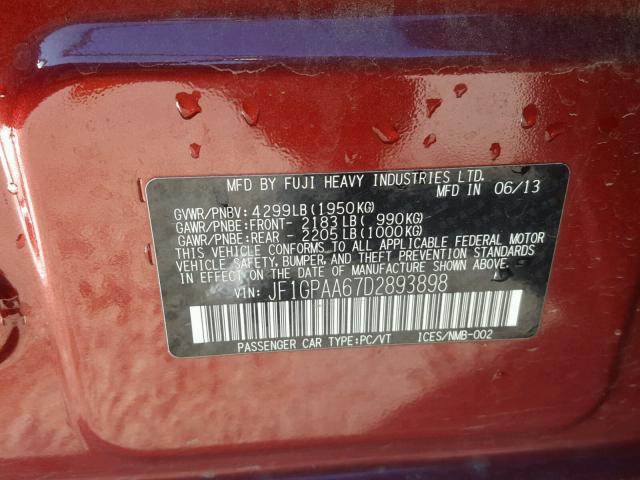 JF1GPAA67D2893898 - 2013 SUBARU IMPREZA BA RED photo 10