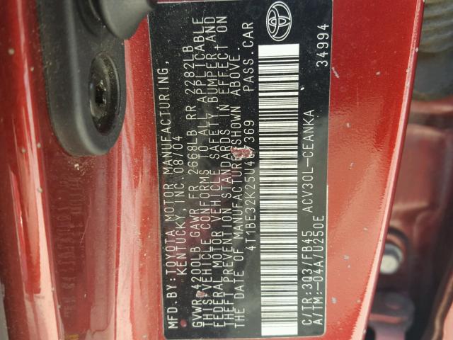 4T1BE32K25U407369 - 2005 TOYOTA CAMRY LE ბურგუნდია ფოტო 10