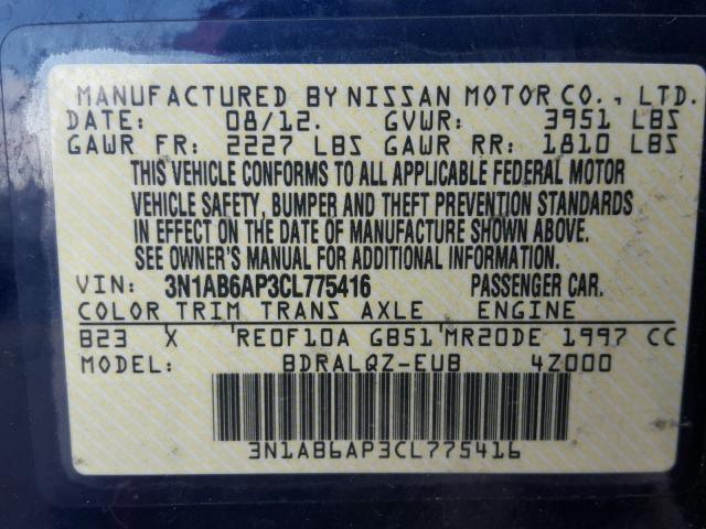 3N1AB6AP3CL775416 - 2012 NISSAN SENTRA 2.0 BLUE photo 10