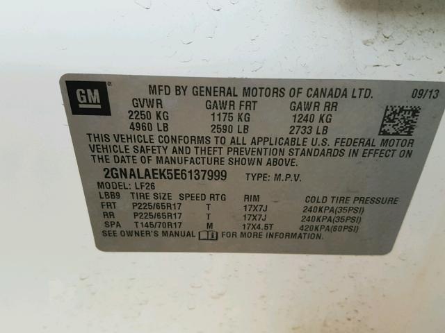 2GNALAEK5E6137999 - 2014 CHEVROLET EQUINOX LS Ağ foto 10