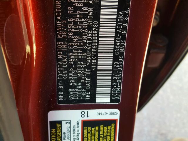 4T1BK1EB9DU068780 - 2013 TOYOTA AVALON BAS MAROON photo 10