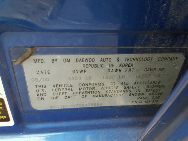 KL1TD52675B478564 - 2005 CHEVROLET AVEO BASE BLUE photo 10