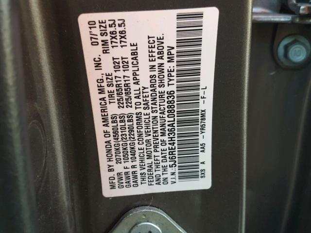 5J6RE4H36AL088836 - 2010 HONDA CR-V LX GRAY photo 10