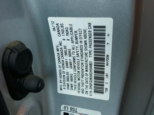 2HGFG3B5XCH544801 - 2012 HONDA CIVIC LX SILVER photo 10