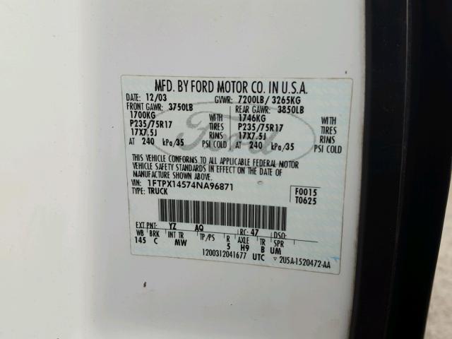 1FTPX14574NA96871 - 2004 FORD F150 WHITE photo 10