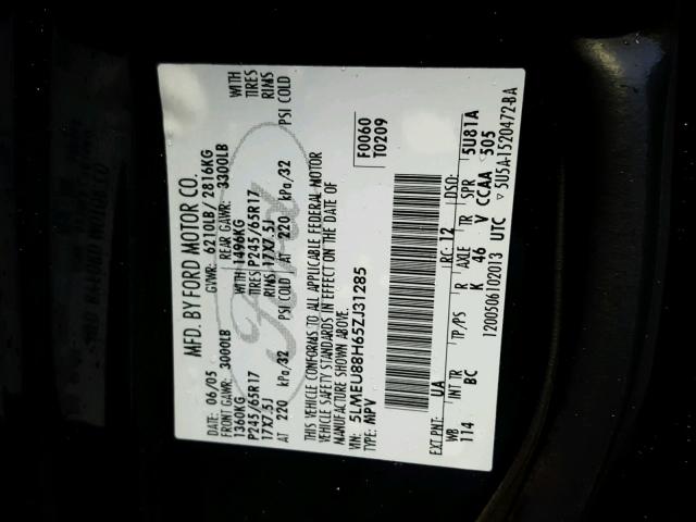 5LMEU88H65ZJ31285 - 2005 LINCOLN AVIATOR 黑色 照片 10