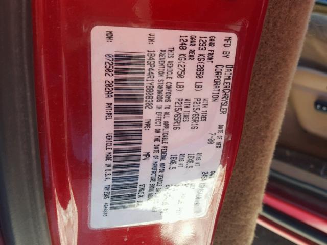 1B4GP44R1YB808302 - 2000 DODGE GRAND CARA RED photo 10