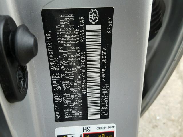 4T1BB46K19U076959 - 2009 TOYOTA CAMRY HYBR SILVER photo 10