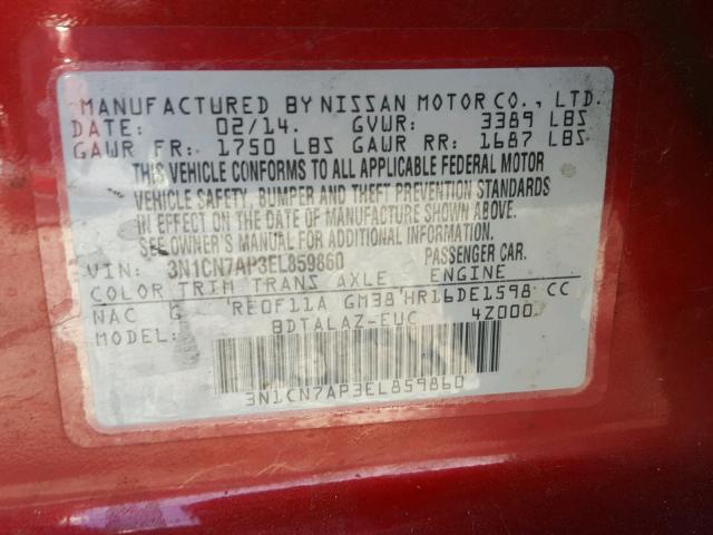 3N1CN7AP3EL859860 - 2014 NISSAN VERSA RED photo 10