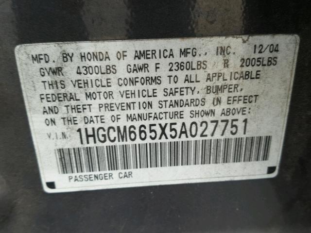 1HGCM665X5A027751 - 2005 HONDA ACCORD EX GRAY photo 10