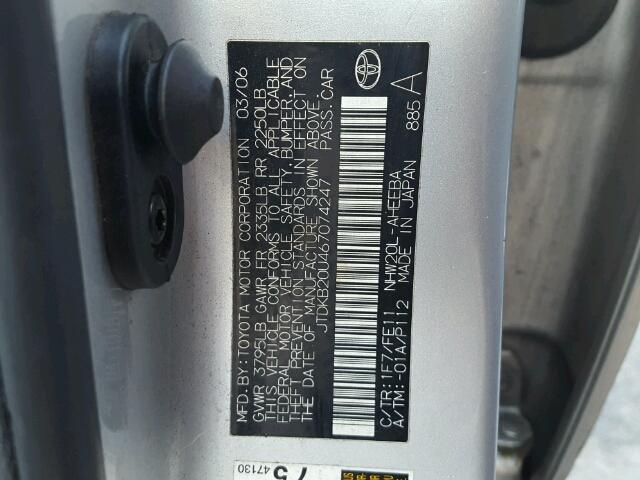 JTDKB20U467074247 - 2006 TOYOTA PRIUS BLUE photo 10