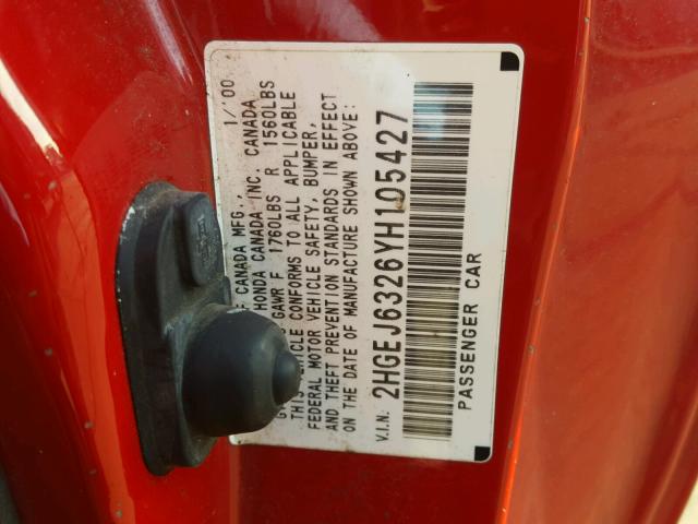 2HGEJ6326YH105427 - 2000 HONDA CIVIC CX RED photo 10