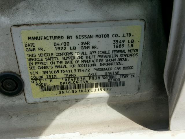 3N1CB51D4YL315472 - 2000 NISSAN SENTRA BAS WHITE photo 10