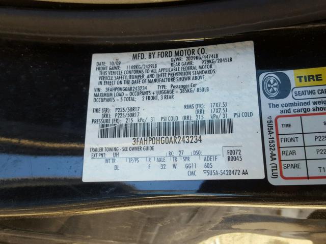 3FAHP0HG0AR243234 - 2010 FORD FUSION SE BLACK photo 10