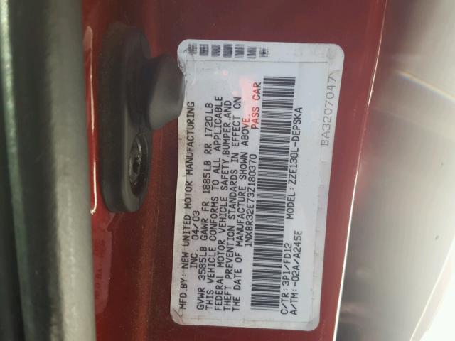 1NXBR32E73Z180370 - 2003 TOYOTA COROLLA CE RED photo 10