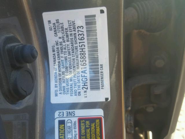 2HGFA16588H516373 - 2008 HONDA CIVIC LX GRAY photo 10