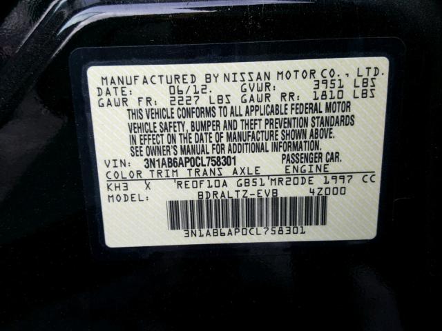 3N1AB6AP0CL758301 - 2012 NISSAN SENTRA 2.0 BLACK photo 10