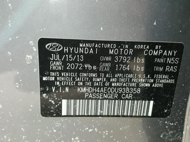 KMHDH4AE0DU938358 - 2013 HYUNDAI ELANTRA GL GRAY photo 10